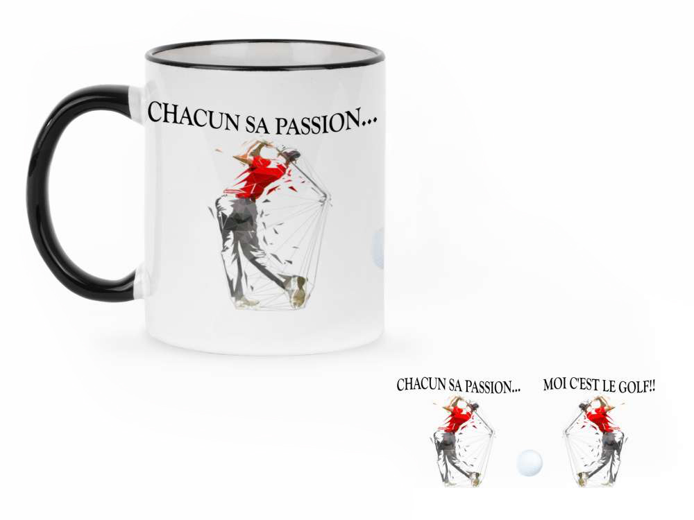 Tasse blanche avec une illustration d'un homme jouant au golf