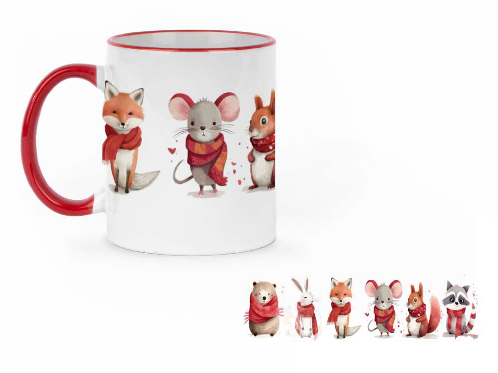 Tasse blanche avec une illustration d'un renard, un souris et un écureuil