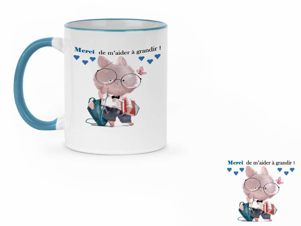 Tasse blanche avec une illustration d'un lapin habillé en écolier