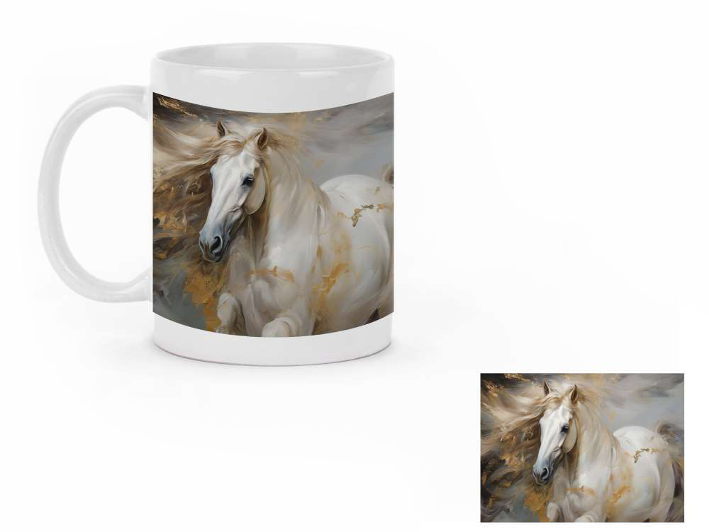 Tasse blanche avec illustration représentant un cheval blanc