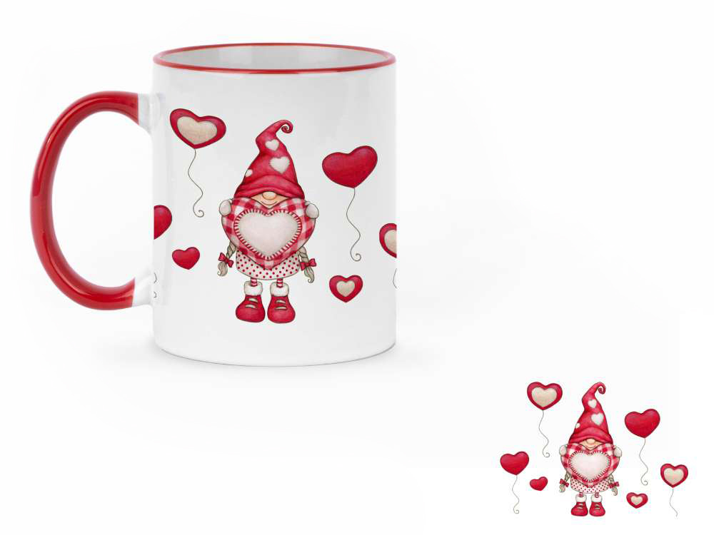 Tasse blanche avec un gnome et des ballons en forme de coeur